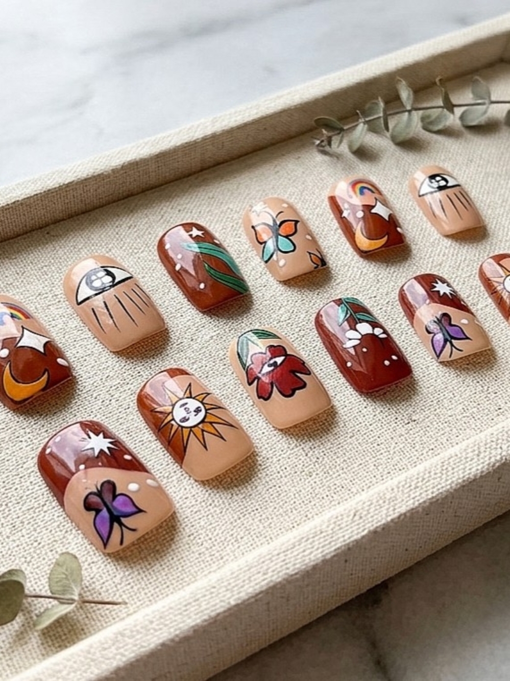 24 Pcs Mystic Dreams Hippy Long Square Floral Celestial Botanical Press On Nails
